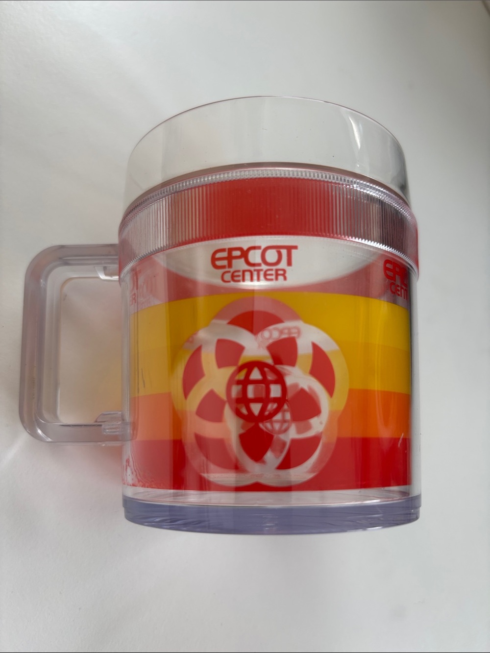 Disney Epcot Center Retro Red Yellow Orange Clear Plastic Mug